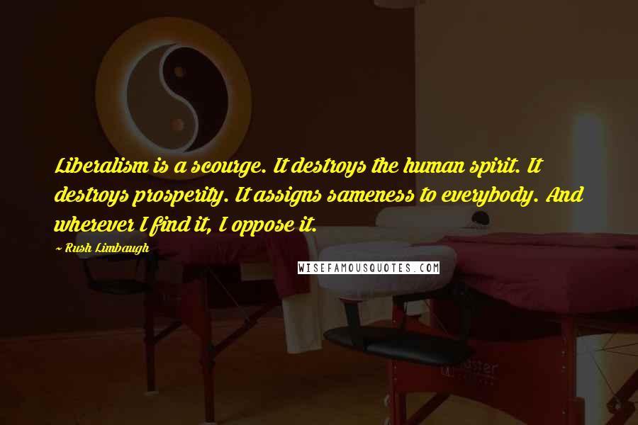 Rush Limbaugh Quotes: Liberalism is a scourge. It destroys the human spirit. It destroys prosperity. It assigns sameness to everybody. And wherever I find it, I oppose it.