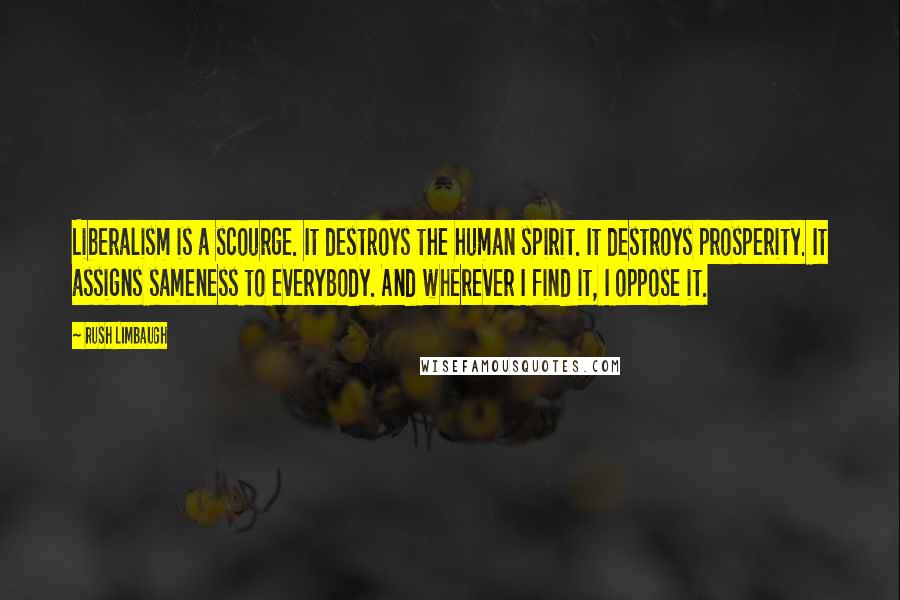 Rush Limbaugh Quotes: Liberalism is a scourge. It destroys the human spirit. It destroys prosperity. It assigns sameness to everybody. And wherever I find it, I oppose it.