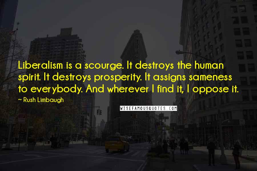 Rush Limbaugh Quotes: Liberalism is a scourge. It destroys the human spirit. It destroys prosperity. It assigns sameness to everybody. And wherever I find it, I oppose it.