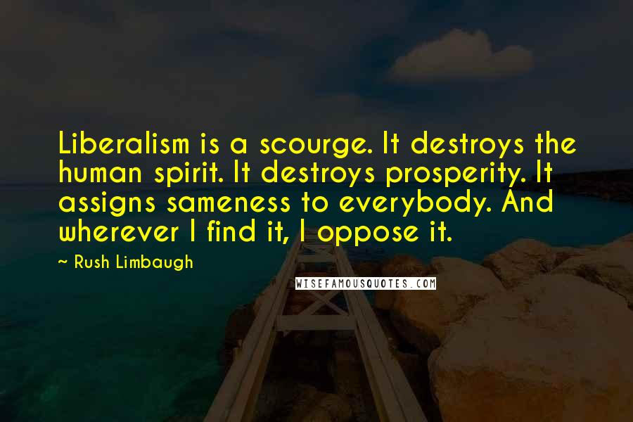 Rush Limbaugh Quotes: Liberalism is a scourge. It destroys the human spirit. It destroys prosperity. It assigns sameness to everybody. And wherever I find it, I oppose it.