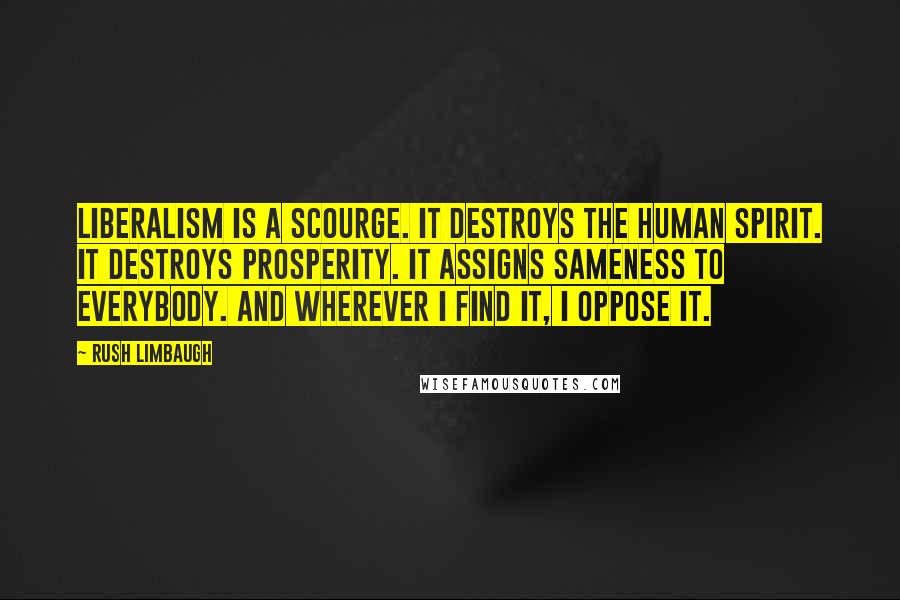 Rush Limbaugh Quotes: Liberalism is a scourge. It destroys the human spirit. It destroys prosperity. It assigns sameness to everybody. And wherever I find it, I oppose it.