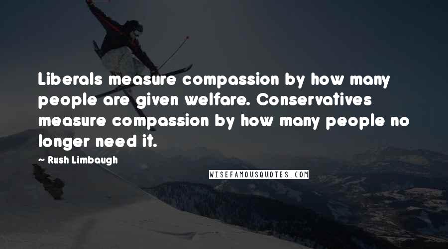 Rush Limbaugh Quotes: Liberals measure compassion by how many people are given welfare. Conservatives measure compassion by how many people no longer need it.