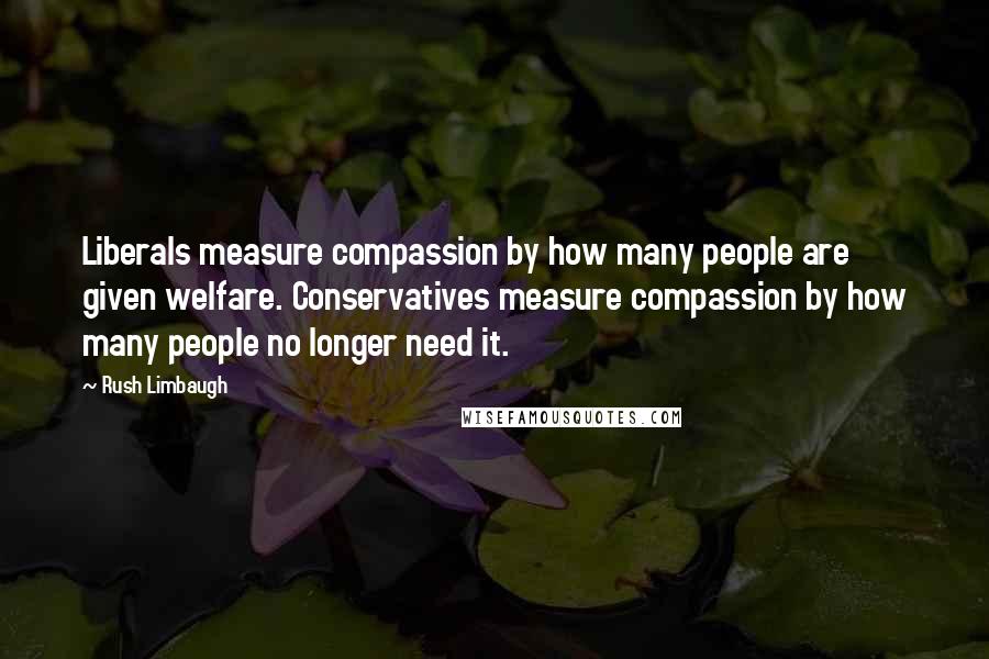 Rush Limbaugh Quotes: Liberals measure compassion by how many people are given welfare. Conservatives measure compassion by how many people no longer need it.