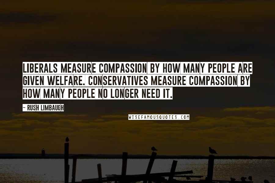 Rush Limbaugh Quotes: Liberals measure compassion by how many people are given welfare. Conservatives measure compassion by how many people no longer need it.