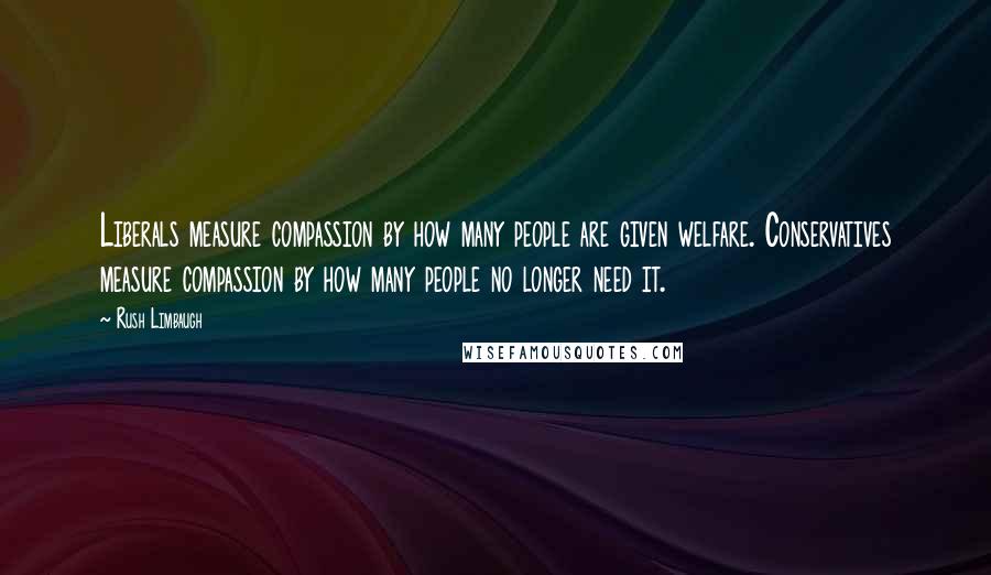 Rush Limbaugh Quotes: Liberals measure compassion by how many people are given welfare. Conservatives measure compassion by how many people no longer need it.