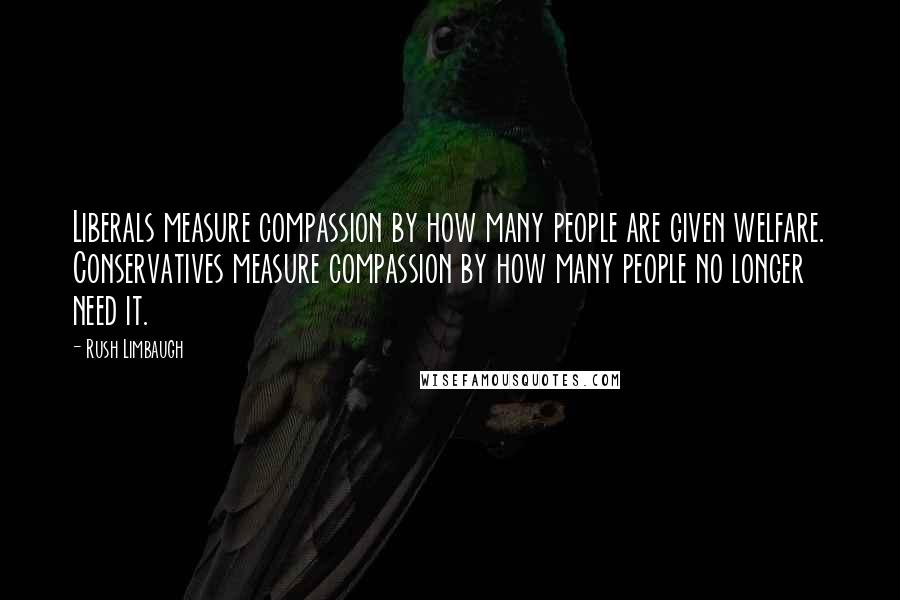 Rush Limbaugh Quotes: Liberals measure compassion by how many people are given welfare. Conservatives measure compassion by how many people no longer need it.