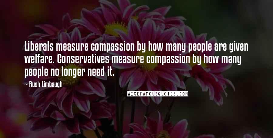 Rush Limbaugh Quotes: Liberals measure compassion by how many people are given welfare. Conservatives measure compassion by how many people no longer need it.