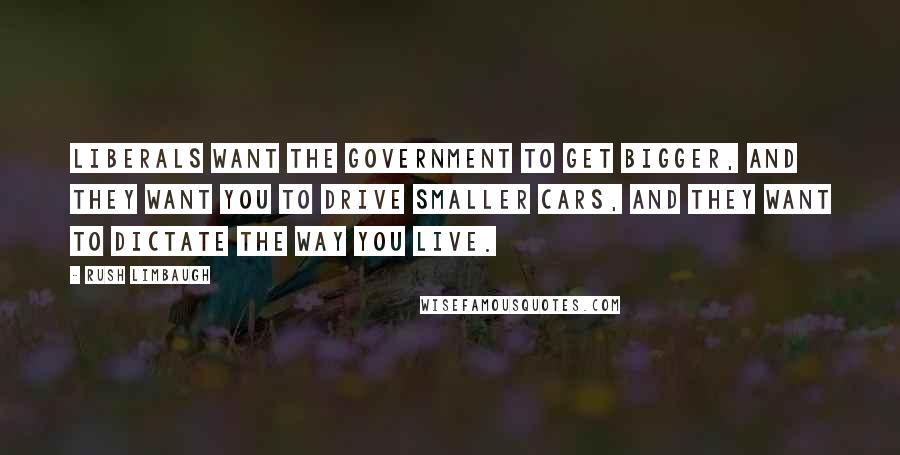 Rush Limbaugh Quotes: Liberals want the government to get bigger, and they want you to drive smaller cars, and they want to dictate the way you live.