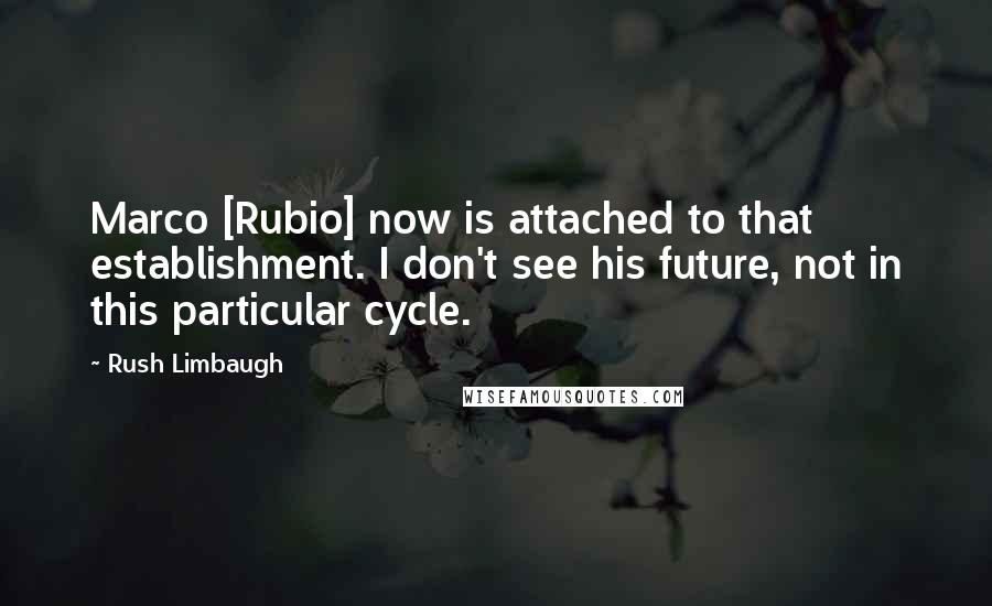 Rush Limbaugh Quotes: Marco [Rubio] now is attached to that establishment. I don't see his future, not in this particular cycle.
