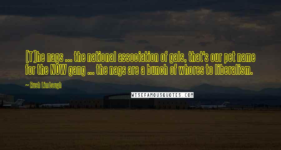 Rush Limbaugh Quotes: [T]he nags ... the national association of gals, that's our pet name for the NOW gang ... the nags are a bunch of whores to liberalism.