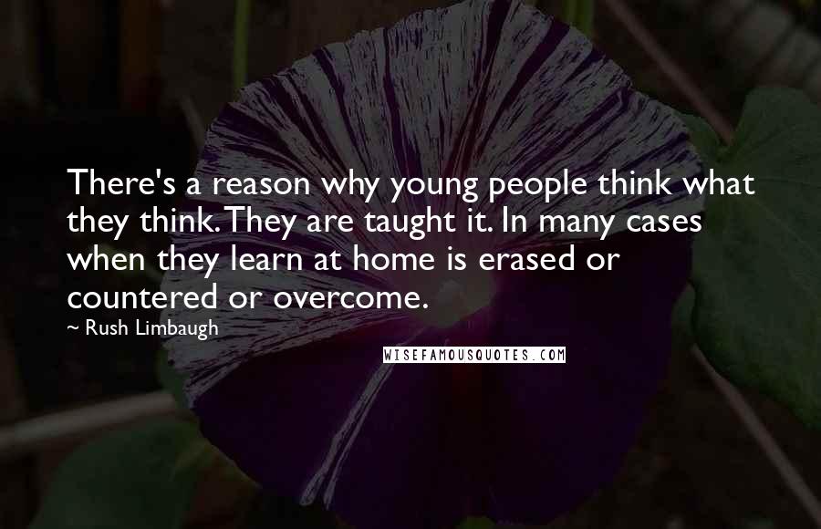 Rush Limbaugh Quotes: There's a reason why young people think what they think. They are taught it. In many cases when they learn at home is erased or countered or overcome.