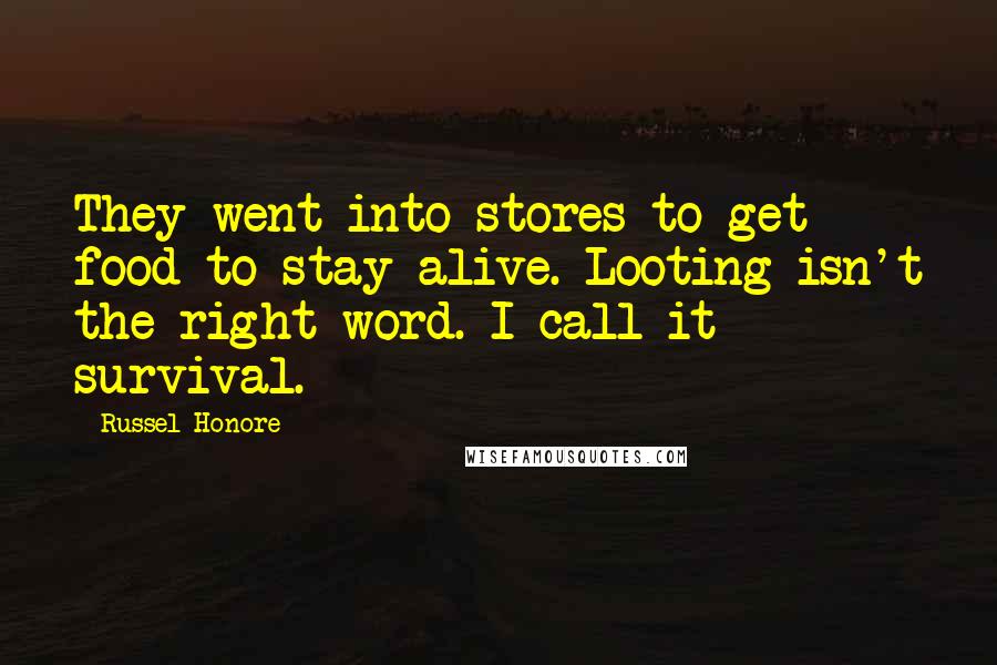 Russel Honore Quotes: They went into stores to get food to stay alive. Looting isn't the right word. I call it survival.