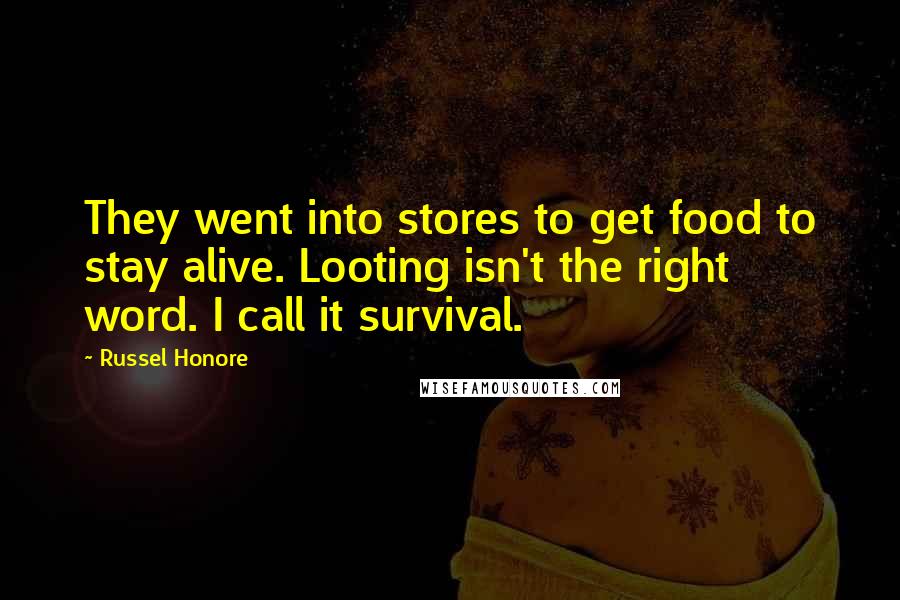 Russel Honore Quotes: They went into stores to get food to stay alive. Looting isn't the right word. I call it survival.