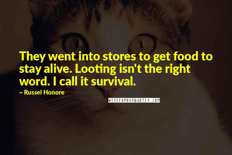Russel Honore Quotes: They went into stores to get food to stay alive. Looting isn't the right word. I call it survival.