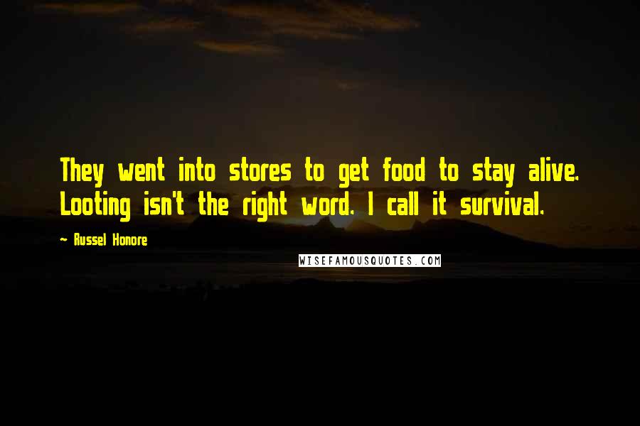 Russel Honore Quotes: They went into stores to get food to stay alive. Looting isn't the right word. I call it survival.