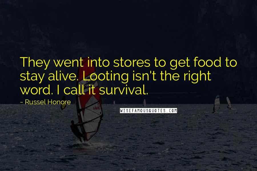 Russel Honore Quotes: They went into stores to get food to stay alive. Looting isn't the right word. I call it survival.