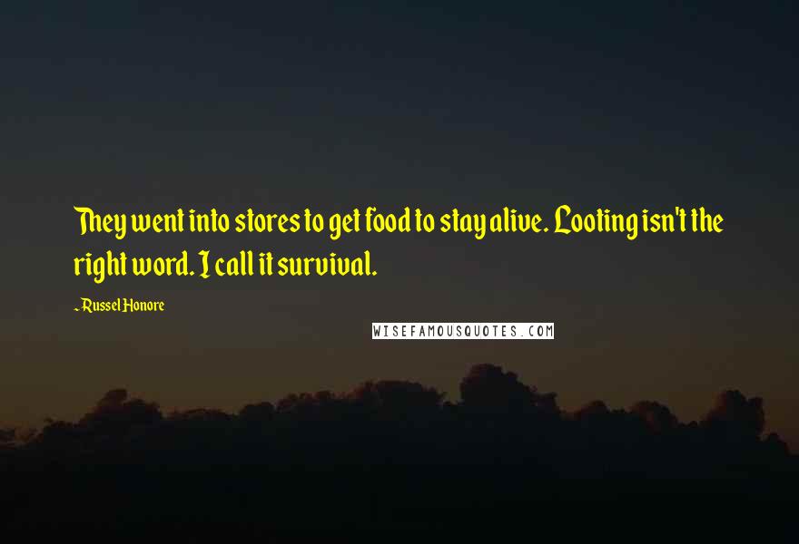 Russel Honore Quotes: They went into stores to get food to stay alive. Looting isn't the right word. I call it survival.