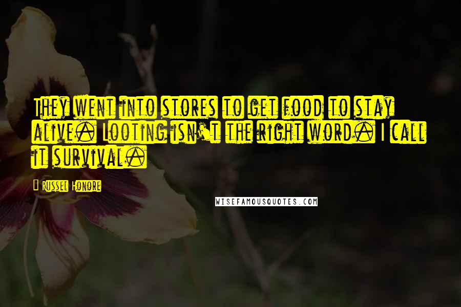 Russel Honore Quotes: They went into stores to get food to stay alive. Looting isn't the right word. I call it survival.