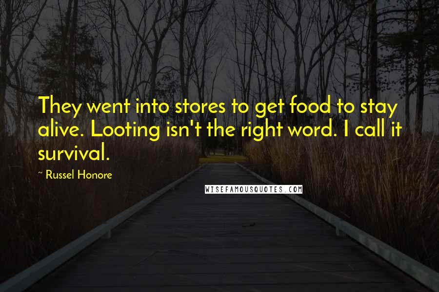 Russel Honore Quotes: They went into stores to get food to stay alive. Looting isn't the right word. I call it survival.