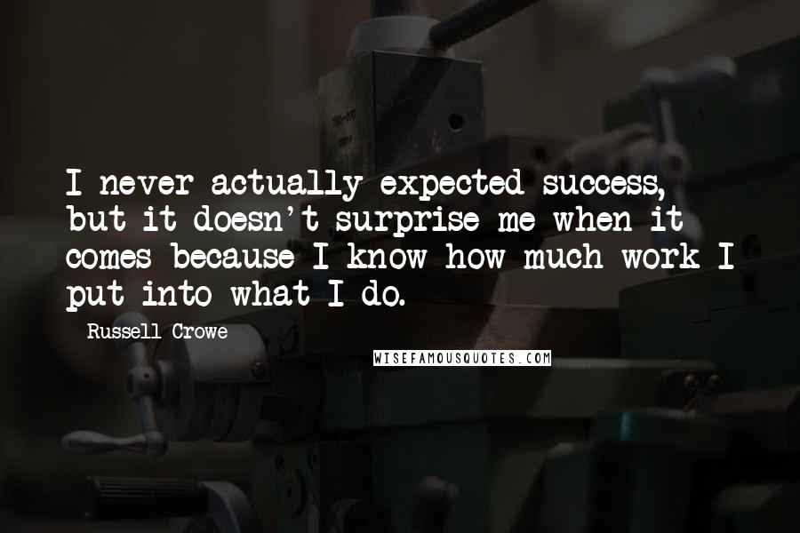 Russell Crowe Quotes: I never actually expected success, but it doesn't surprise me when it comes because I know how much work I put into what I do.