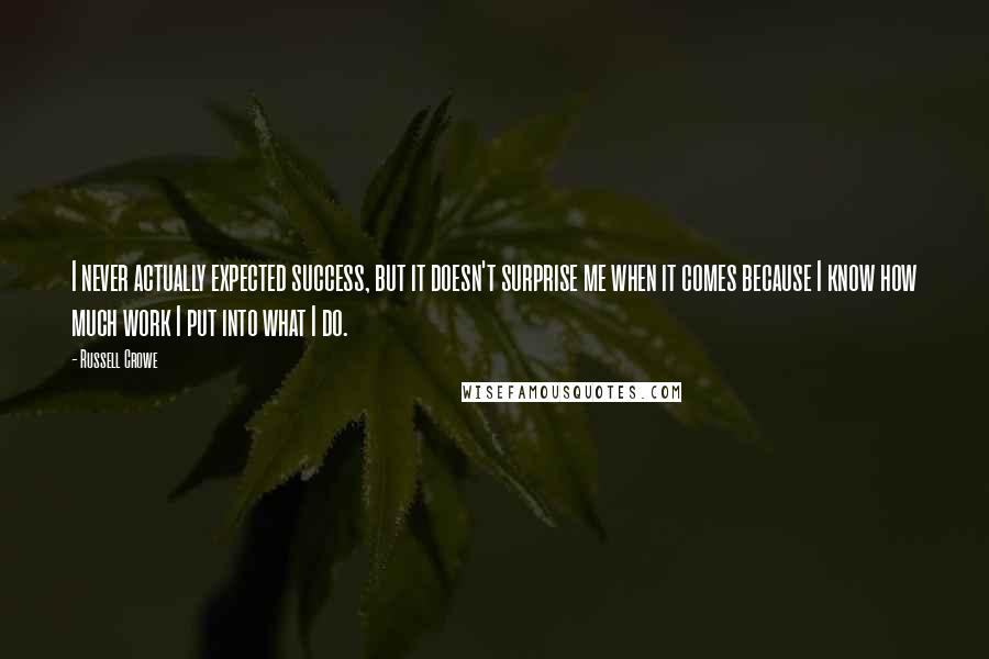 Russell Crowe Quotes: I never actually expected success, but it doesn't surprise me when it comes because I know how much work I put into what I do.