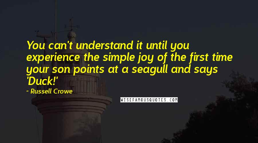 Russell Crowe Quotes: You can't understand it until you experience the simple joy of the first time your son points at a seagull and says 'Duck!'