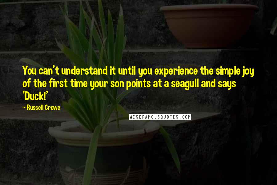 Russell Crowe Quotes: You can't understand it until you experience the simple joy of the first time your son points at a seagull and says 'Duck!'