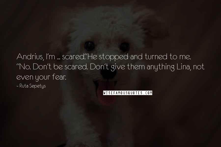 Ruta Sepetys Quotes: Andrius, I'm ... scared."He stopped and turned to me. "No. Don't be scared. Don't give them anything Lina, not even your fear.