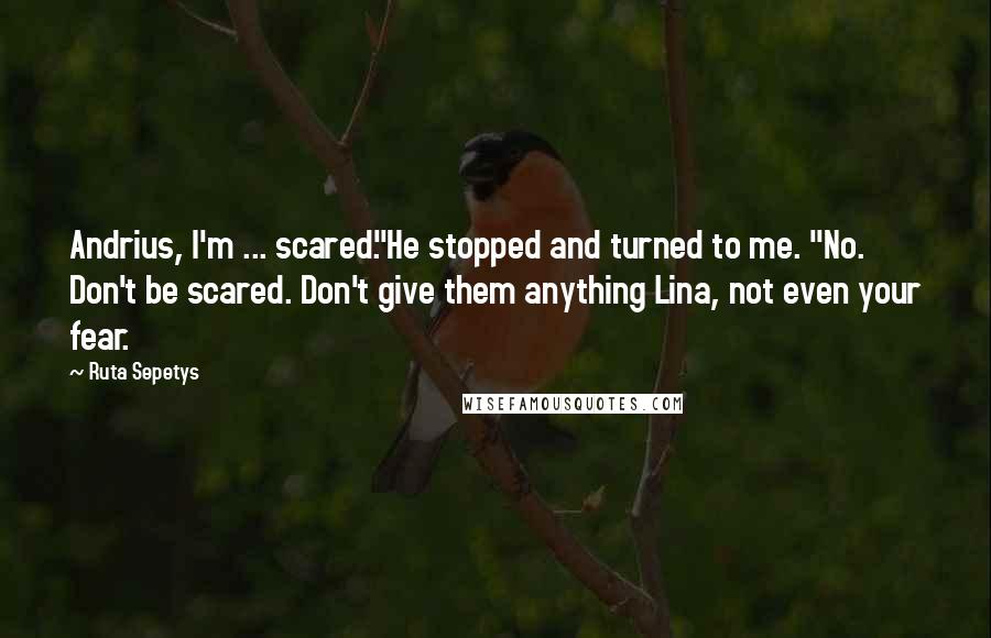 Ruta Sepetys Quotes: Andrius, I'm ... scared."He stopped and turned to me. "No. Don't be scared. Don't give them anything Lina, not even your fear.