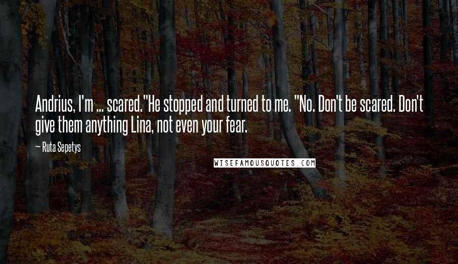 Ruta Sepetys Quotes: Andrius, I'm ... scared."He stopped and turned to me. "No. Don't be scared. Don't give them anything Lina, not even your fear.