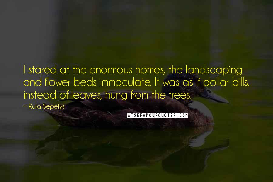 Ruta Sepetys Quotes: I stared at the enormous homes, the landscaping and flower beds immaculate. It was as if dollar bills, instead of leaves, hung from the trees.