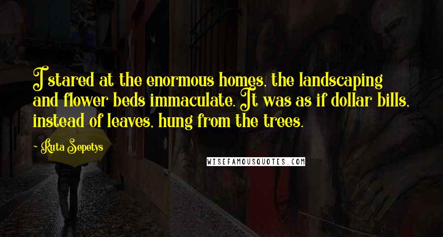 Ruta Sepetys Quotes: I stared at the enormous homes, the landscaping and flower beds immaculate. It was as if dollar bills, instead of leaves, hung from the trees.