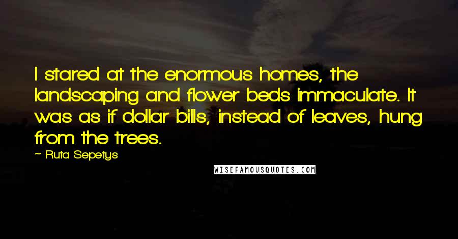 Ruta Sepetys Quotes: I stared at the enormous homes, the landscaping and flower beds immaculate. It was as if dollar bills, instead of leaves, hung from the trees.