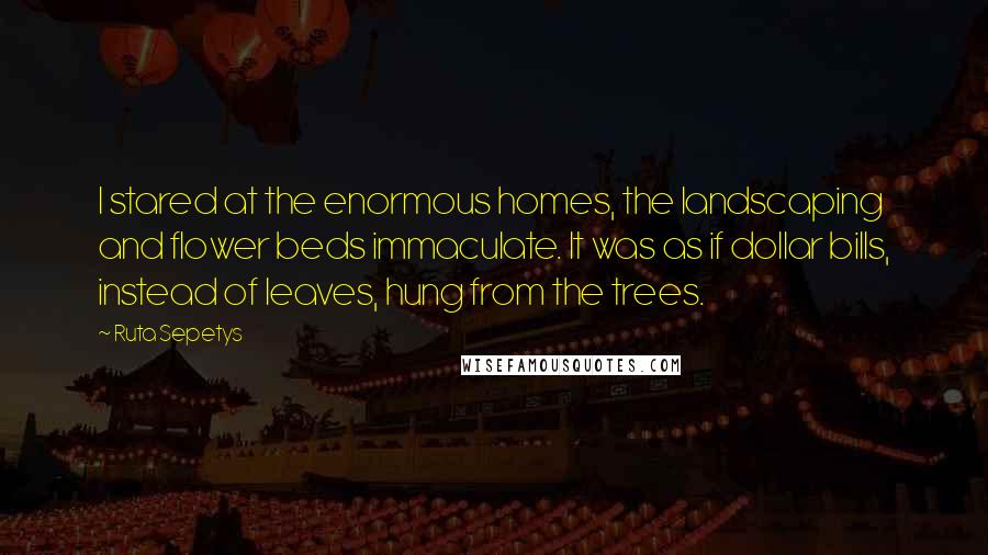 Ruta Sepetys Quotes: I stared at the enormous homes, the landscaping and flower beds immaculate. It was as if dollar bills, instead of leaves, hung from the trees.