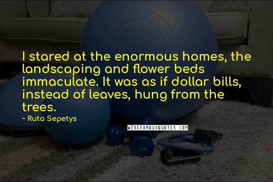 Ruta Sepetys Quotes: I stared at the enormous homes, the landscaping and flower beds immaculate. It was as if dollar bills, instead of leaves, hung from the trees.