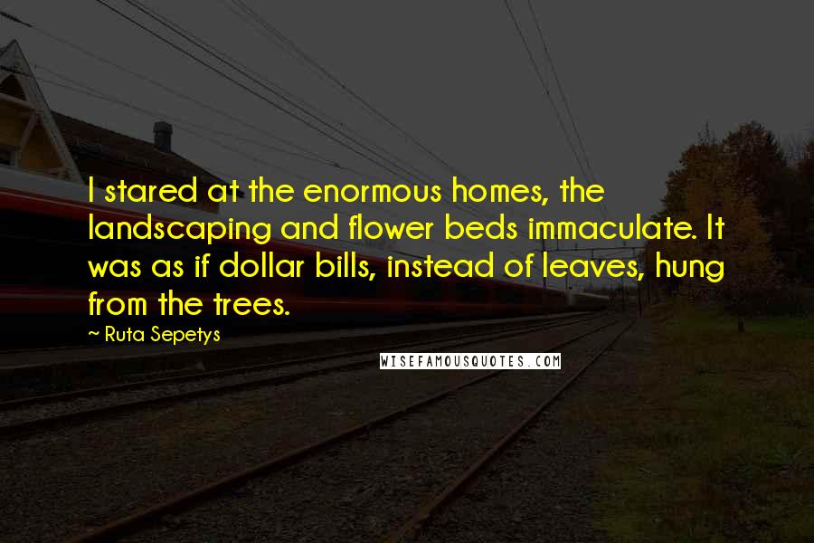 Ruta Sepetys Quotes: I stared at the enormous homes, the landscaping and flower beds immaculate. It was as if dollar bills, instead of leaves, hung from the trees.
