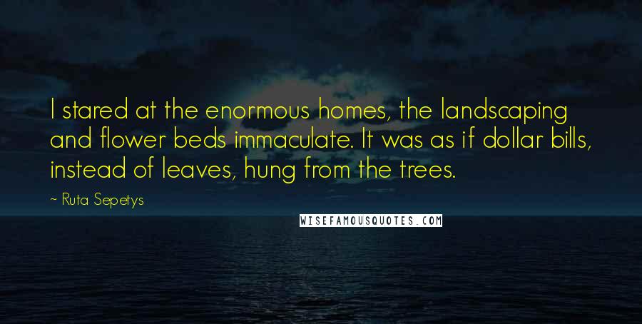 Ruta Sepetys Quotes: I stared at the enormous homes, the landscaping and flower beds immaculate. It was as if dollar bills, instead of leaves, hung from the trees.