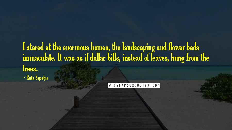 Ruta Sepetys Quotes: I stared at the enormous homes, the landscaping and flower beds immaculate. It was as if dollar bills, instead of leaves, hung from the trees.