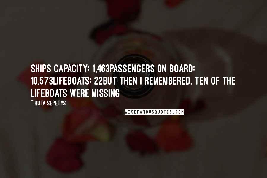 Ruta Sepetys Quotes: Ships capacity: 1,463Passengers on board: 10,573Lifeboats: 22But then I remembered. Ten of the lifeboats were missing