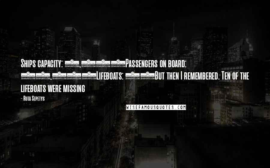Ruta Sepetys Quotes: Ships capacity: 1,463Passengers on board: 10,573Lifeboats: 22But then I remembered. Ten of the lifeboats were missing