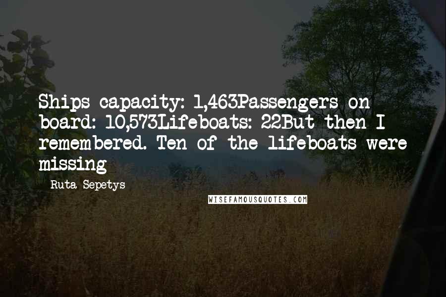 Ruta Sepetys Quotes: Ships capacity: 1,463Passengers on board: 10,573Lifeboats: 22But then I remembered. Ten of the lifeboats were missing