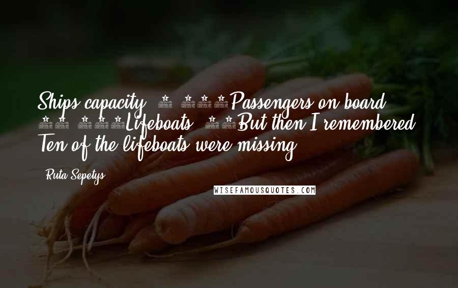 Ruta Sepetys Quotes: Ships capacity: 1,463Passengers on board: 10,573Lifeboats: 22But then I remembered. Ten of the lifeboats were missing