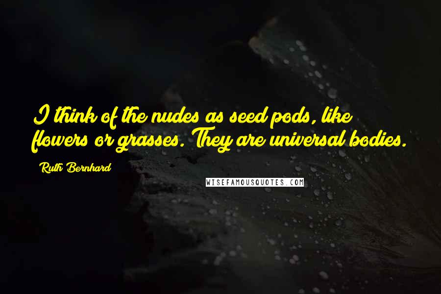 Ruth Bernhard Quotes: I think of the nudes as seed pods, like flowers or grasses. They are universal bodies.