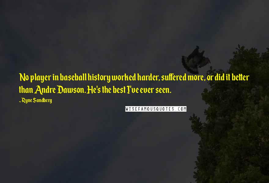 Ryne Sandberg Quotes: No player in baseball history worked harder, suffered more, or did it better than Andre Dawson. He's the best I've ever seen.