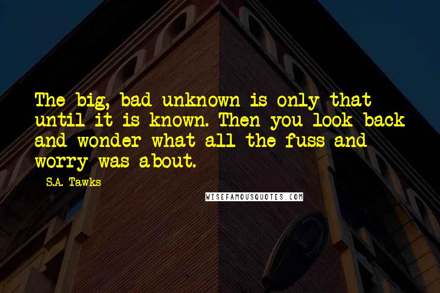 S.A. Tawks Quotes: The big, bad unknown is only that until it is known. Then you look back and wonder what all the fuss and worry was about.