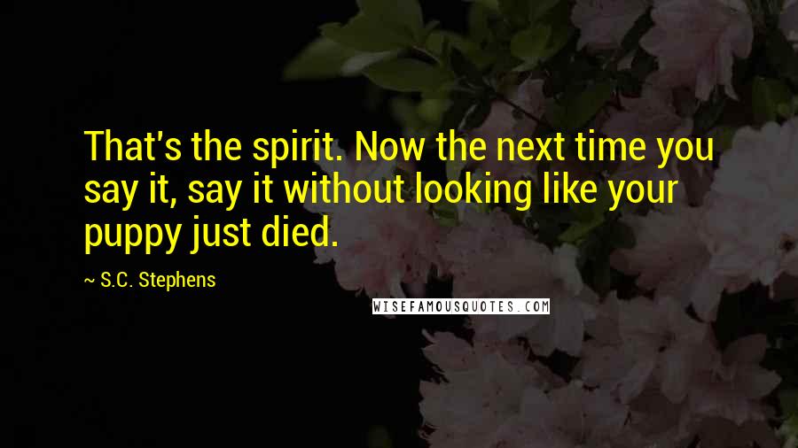 S.C. Stephens Quotes: That's the spirit. Now the next time you say it, say it without looking like your puppy just died.