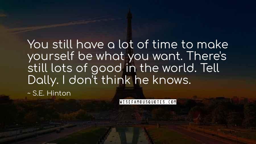 S.E. Hinton Quotes: You still have a lot of time to make yourself be what you want. There's still lots of good in the world. Tell Dally. I don't think he knows.