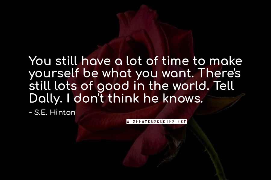 S.E. Hinton Quotes: You still have a lot of time to make yourself be what you want. There's still lots of good in the world. Tell Dally. I don't think he knows.