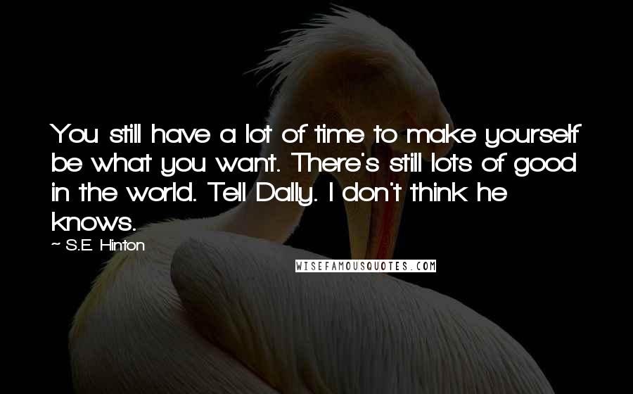 S.E. Hinton Quotes: You still have a lot of time to make yourself be what you want. There's still lots of good in the world. Tell Dally. I don't think he knows.