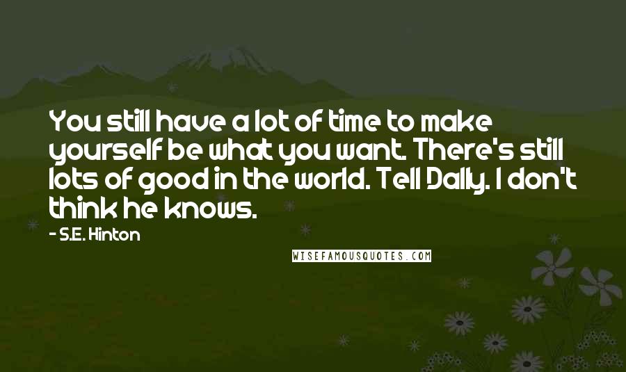 S.E. Hinton Quotes: You still have a lot of time to make yourself be what you want. There's still lots of good in the world. Tell Dally. I don't think he knows.